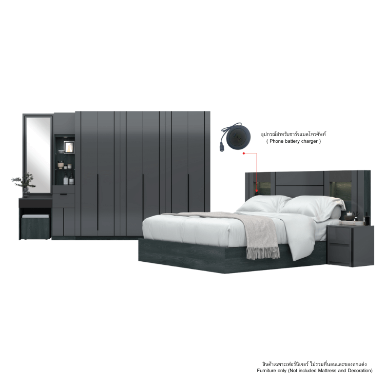 ชุดห้องนอน + ที่นอน PVC 5 ฟุต WISDOM DESIGN FURNITURE รุ่น ROYAL สีแอชเกรย์/กลอสซี่เกรย์